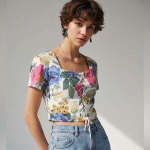 Vintage 80s Floral Lace-up Crop Top Like New Made in USA